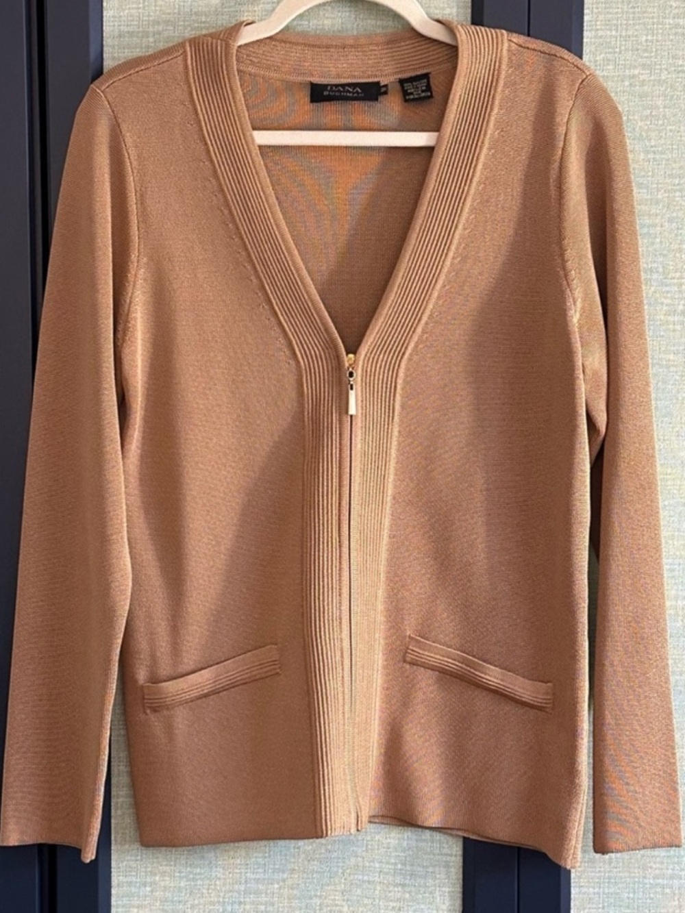 Vintage 100% Silk Dana Buchman Fine Knit Textured Gold Zip Up Cardigan, Size M